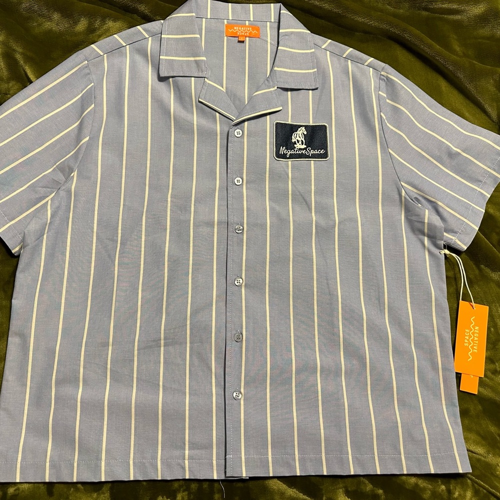 Negative Space Blue and White Casual Button Down Shirt mechanic style large